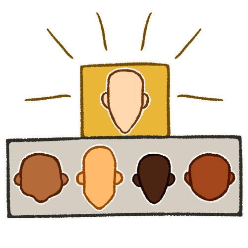 A drawing of a small gold box above a long silver rectangle. The box contains a pale head and the rectangle contains four heads in various shades of brown. Above the box are six dark gold emphasis lines. Everything is outlined in white.